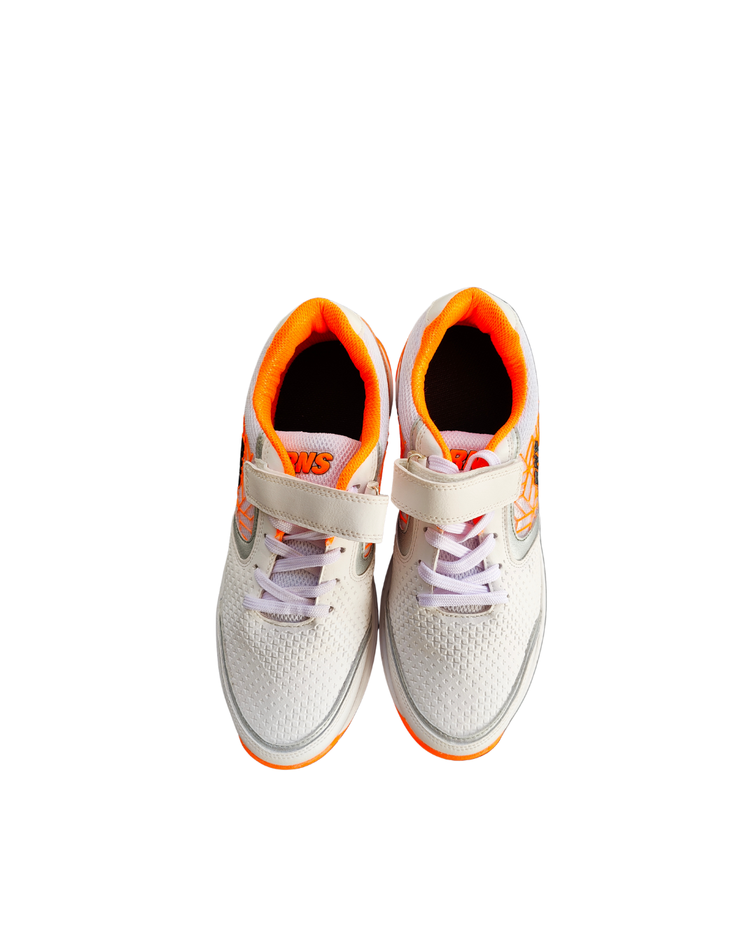White sneakers with orange accents on a white background